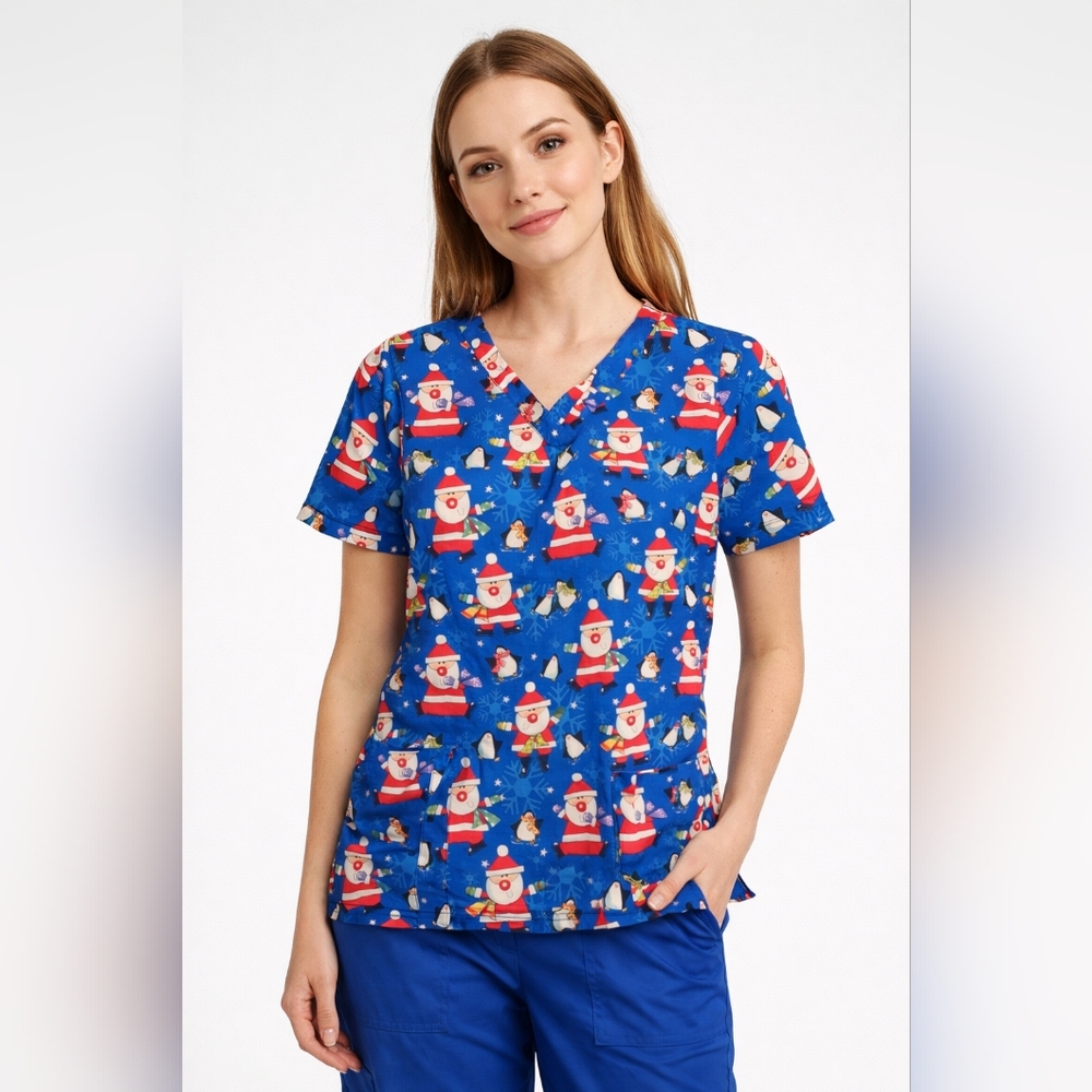 #217 Christmas Scrub Top Blue Santa Holiday Nurse Medical Uniform (No Si